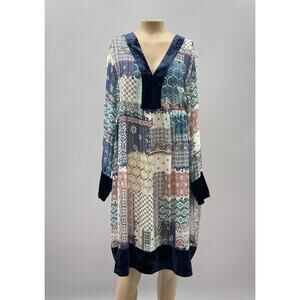 Baci Italy Dress Women L Blue Bohemian Printed Sheer Tunic Velvet Trim NEW